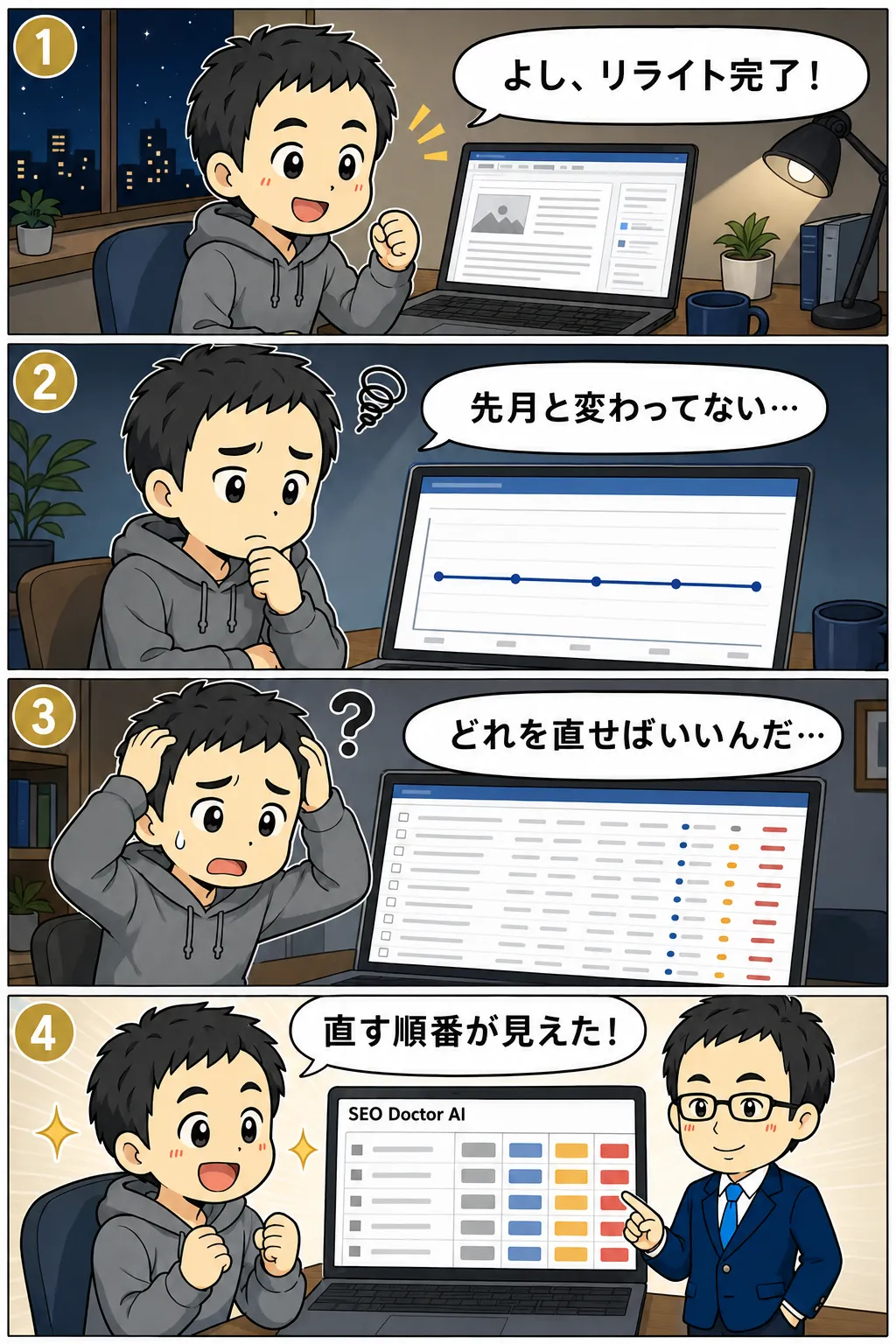 リライト完了と喜ぶも翌月は順位が横ばい、どれを直せばいいか悩む個人ブロガーが、SEO Doctor AIの診断表で直す順番を見つける4コマ漫画