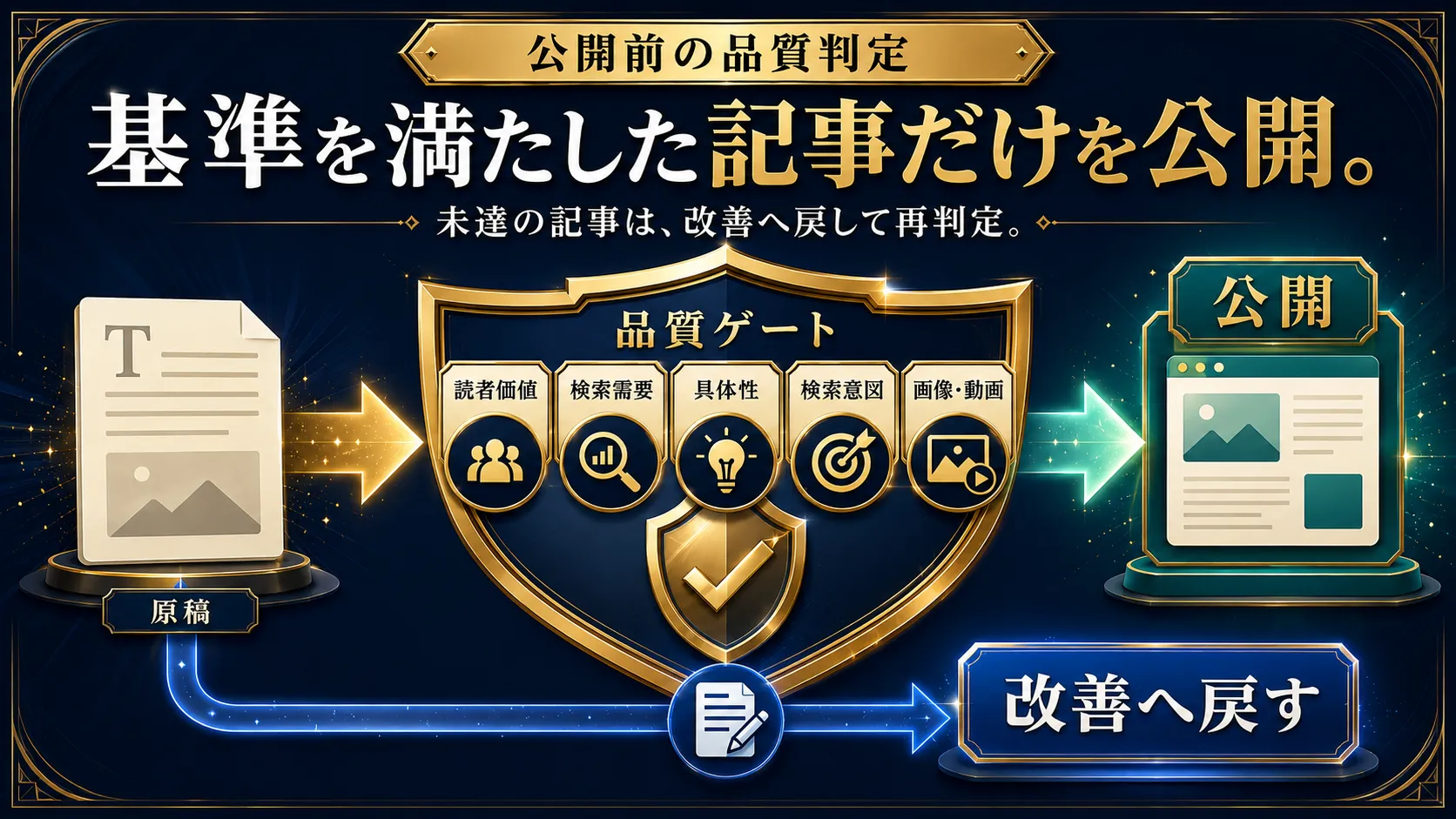 ASA AIの記事品質ゲート 読者価値・検索需要・具体性・検索意図・画像動画を判定し基準を満たした記事だけを公開する図解