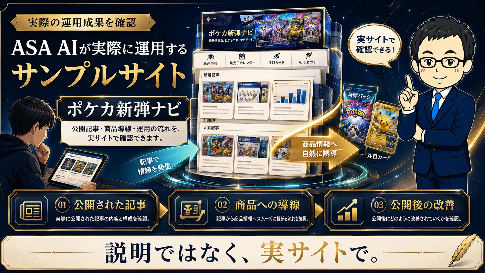 ASA AIが運用するサンプルサイト・ポケカ新弾ナビ ASA AIが実際に運用するポケカ新弾ナビの公開記事・商品導線・公開後改善を紹介する画像