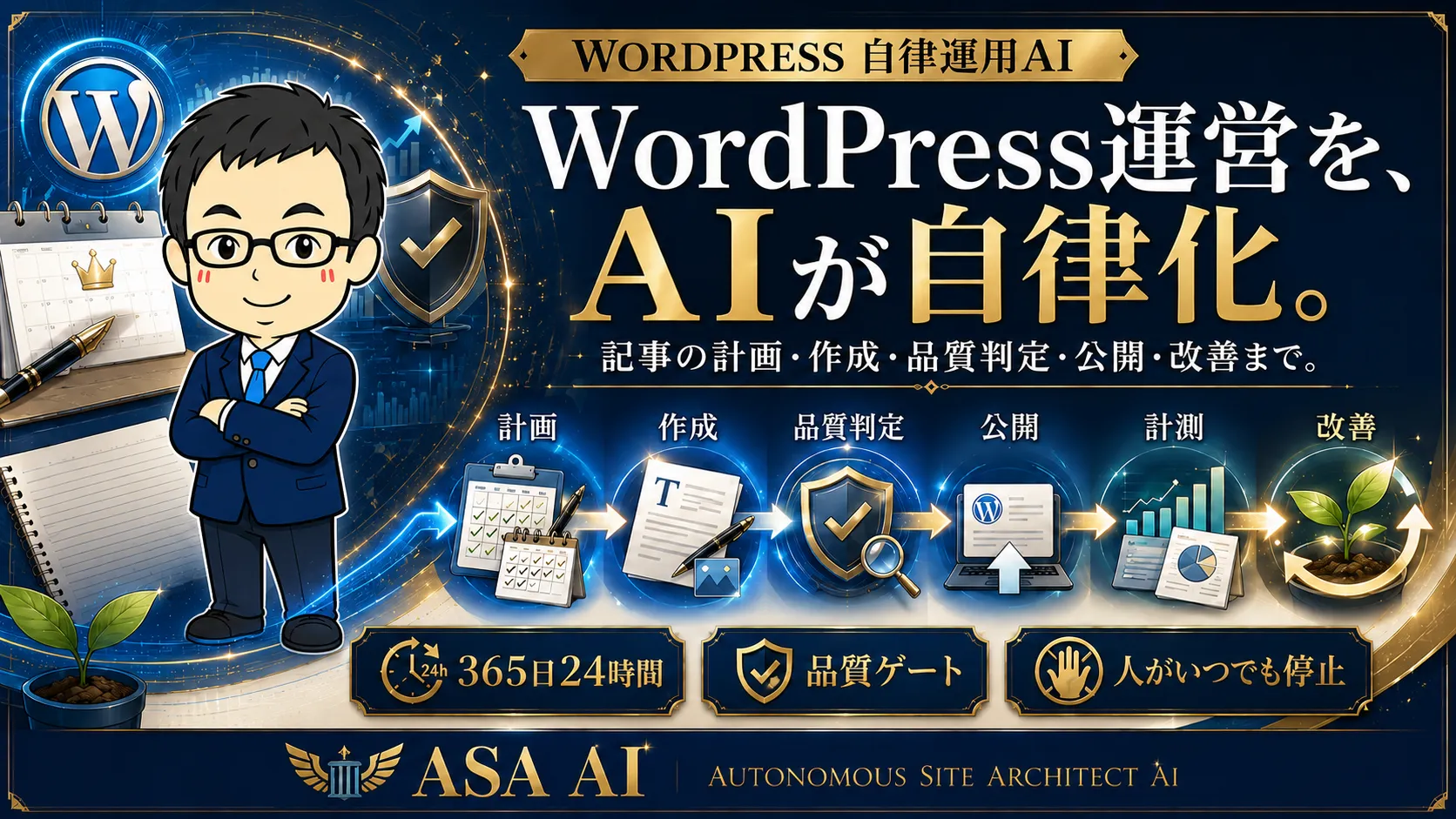 ASA AIでWordPress運営を自律化 ASA AIがWordPressの記事計画・作成・品質判定・公開・計測・改善を自律化するイラスト