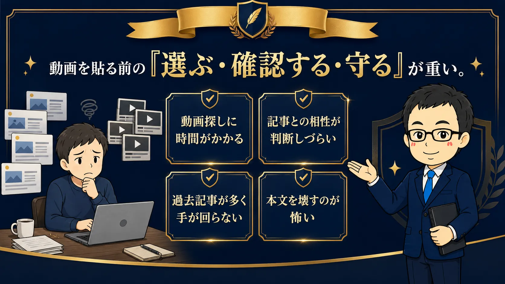 動画探し、記事との相性判断、過去記事への対応、本文保護に悩むブログ運営者と大明司一利