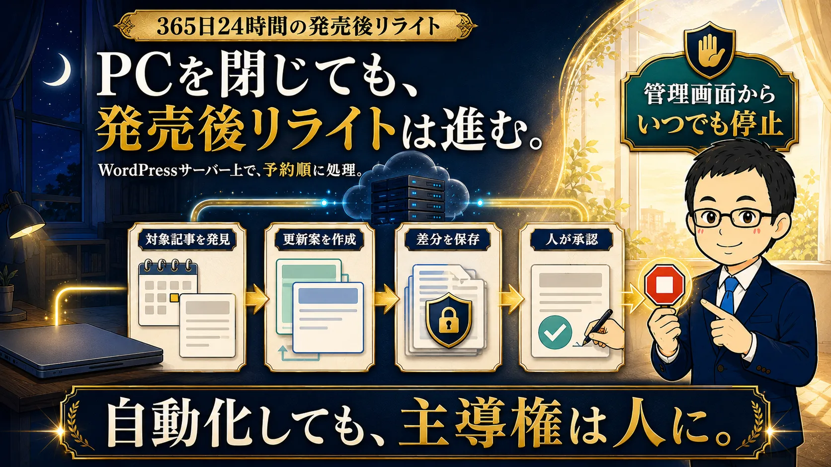 PCを閉じてもWordPressサーバー上で対象記事発見・更新案作成・差分保存を進め人が承認できるReleaseShift AI