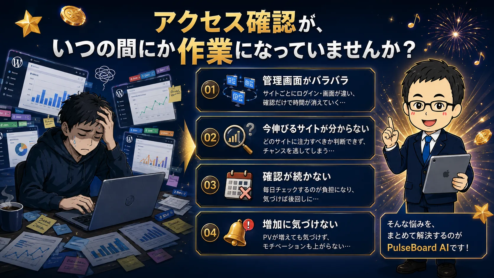 PulseBoard AI導入前の4つの悩み。管理画面がバラバラ、伸びるサイトが分からない、確認が続かない、増加に気づけない。