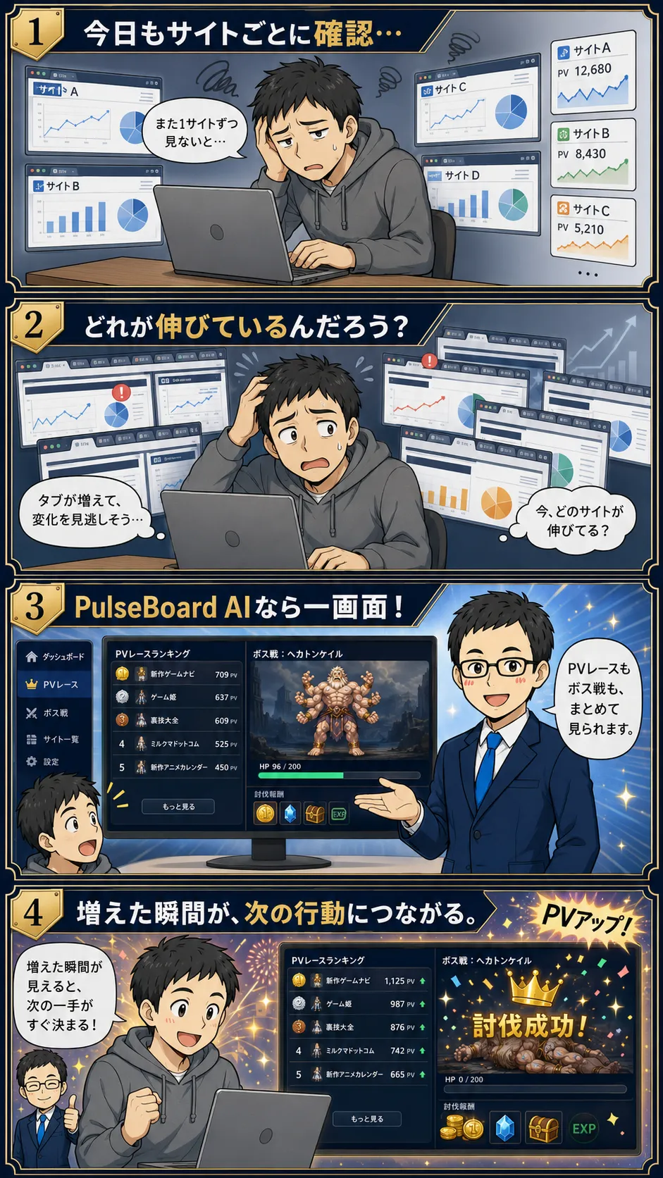 PulseBoard AIの4コマ漫画。サイトごとの確認、伸びが分からない悩み、一画面での解決、増えた瞬間が次の行動につながる結果。