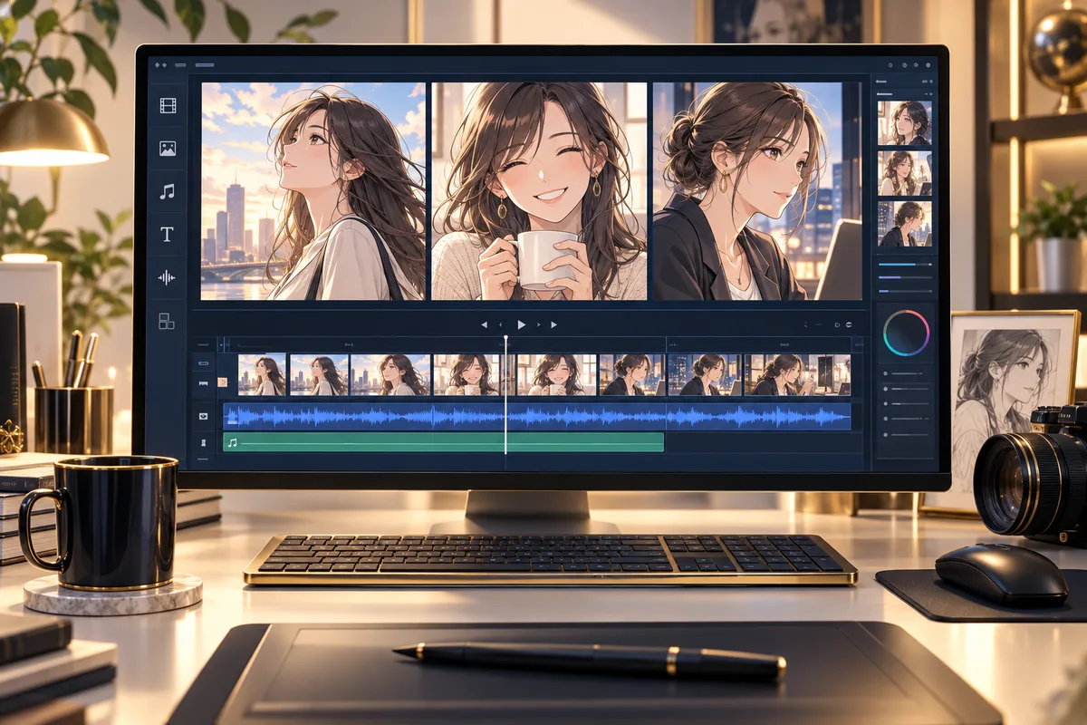 漫画のコマと動画編集画面を組み合わせたAI漫画動画制作のイメージ