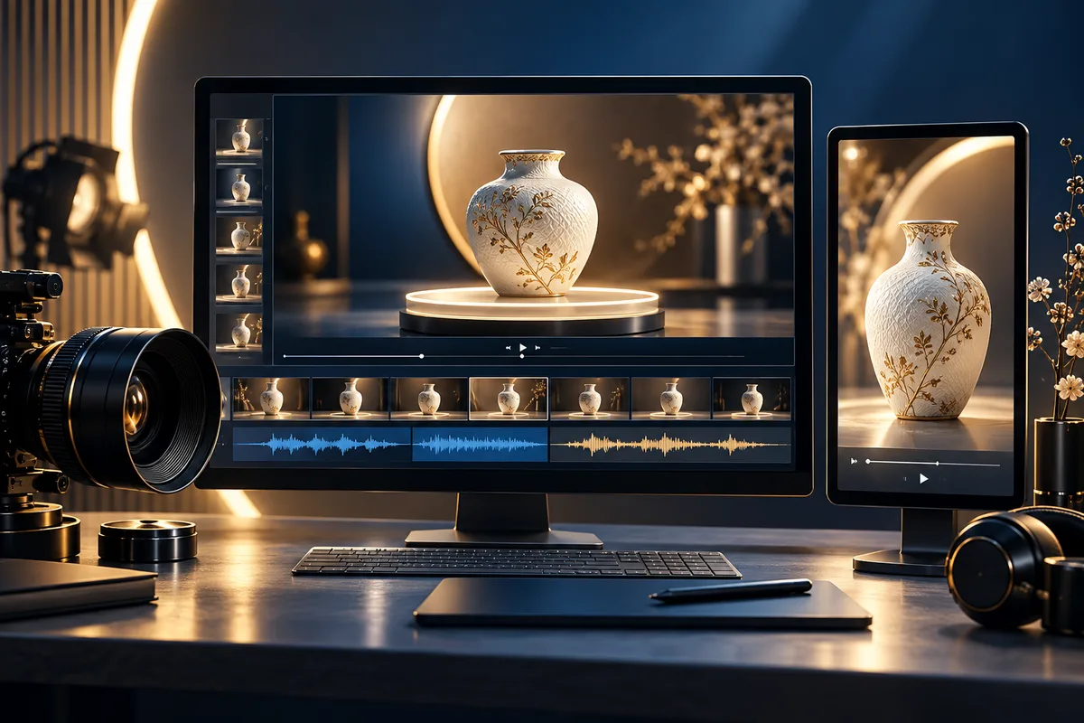 商品映像と編集モニターを組み合わせたAIプロモーション動画制作のイメージ