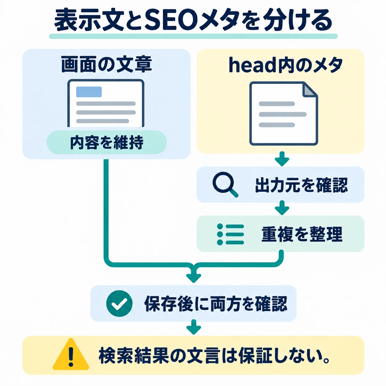 画面で読む文章は内容を維持し、head内のメタは出力元と重複を確認する。保存後は両方を検証するが、検索結果の文言は保証されない。