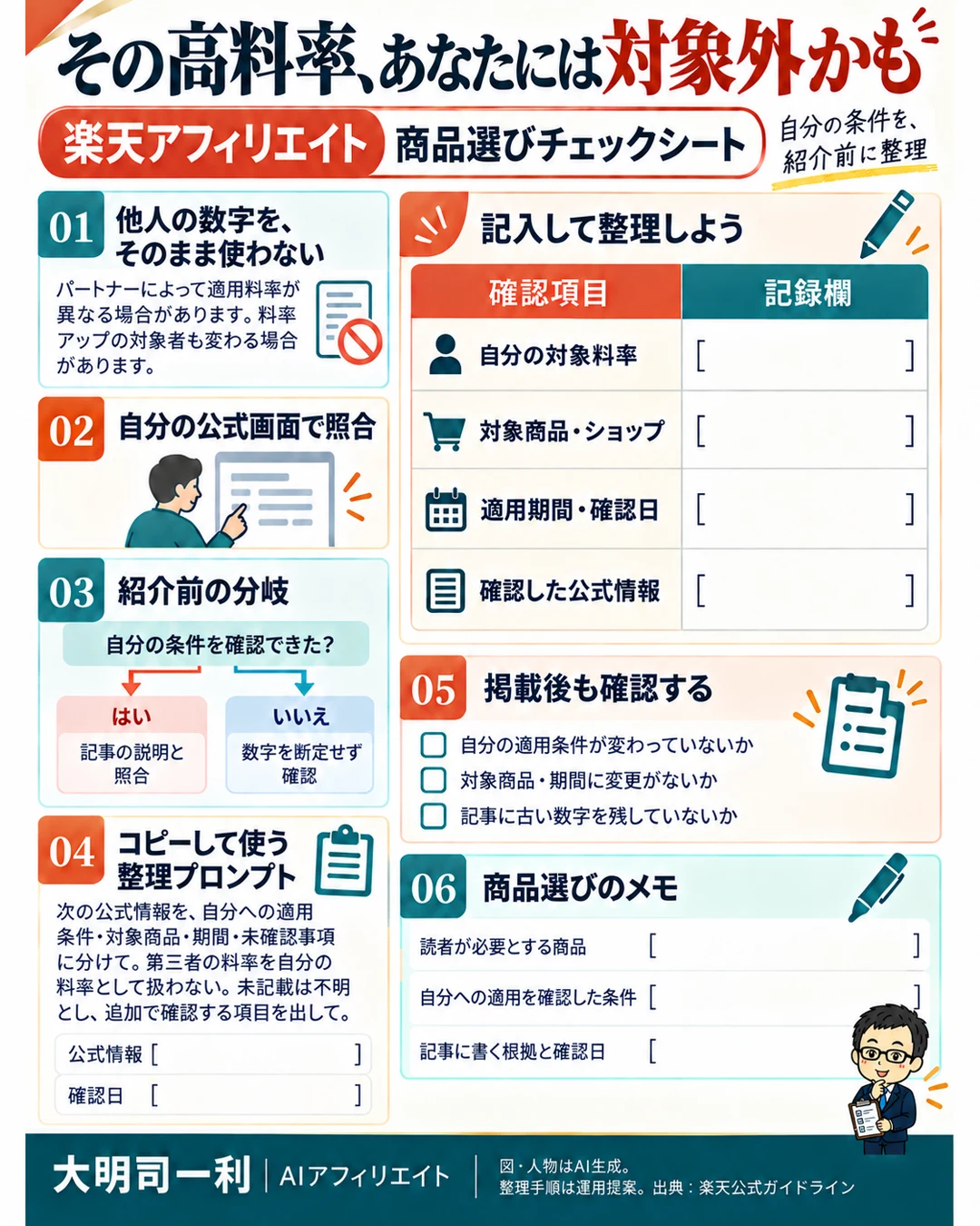 Threads投稿の楽天アフィリエイト商品選びチェックシート。対象料率、商品、期間、公式情報を確認する項目