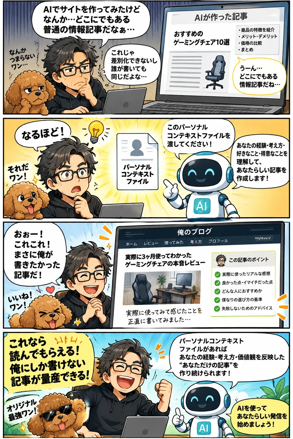一般的な記事に悩む男性が、自分の使用経験や判断基準をAIへ渡して記事に活かす4コマ漫画