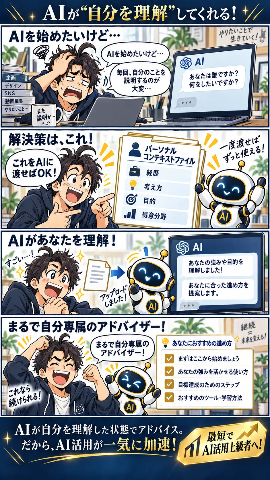 自分の説明を繰り返していた男性が、経歴・目標・考え方を資料にまとめてAIへ渡す4コマ漫画