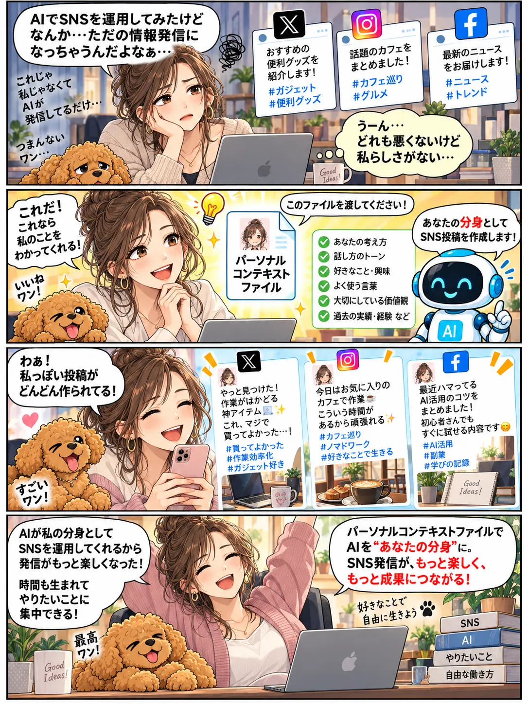 AIの投稿に自分らしさを感じられなかった女性が、経験・文体・価値観を資料にしてSNS発信へ活かす4コマ漫画