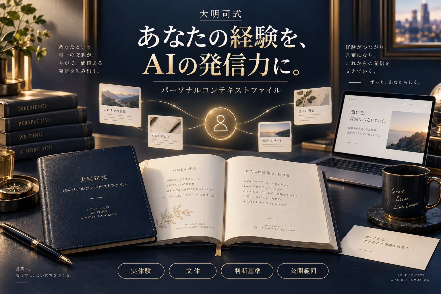 大明司式パーソナルコンテキストファイル。あなたを伝えて、AIを自分の相棒に。 自分の経験・言葉・判断をAIへ渡す回答用ワークブックを表現したイラスト。