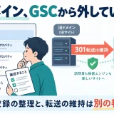 旧ドメインのSearch Console登録整理と301転送の維持は別の判断と示す説明図